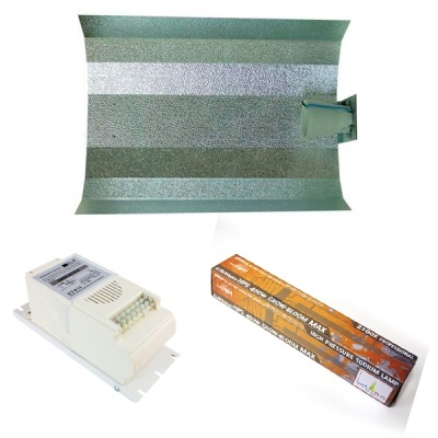 Conjunto de refletor metálico, reator branco e caixa laranja de lâmpada