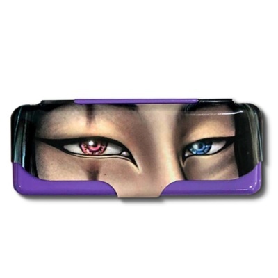 Estojo rígido roxo com imagem artística detalhada de um rosto com olhos coloridos