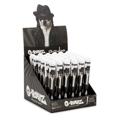 Expositor de tubos G-ROLLZ brancos com imagem de cão com chapéu preto