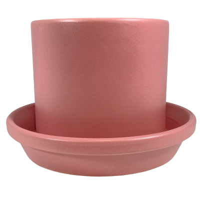 Vaso de cerâmica cor de rosa com prato da mesma cor
