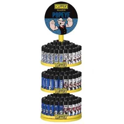 Expositor amarelo com isqueiros Clipper reutilizáveis com estampas de Popeye