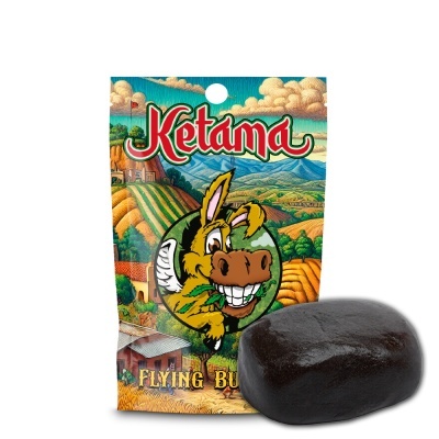 Embalagem colorida com burro sorridente e produto sólido preto