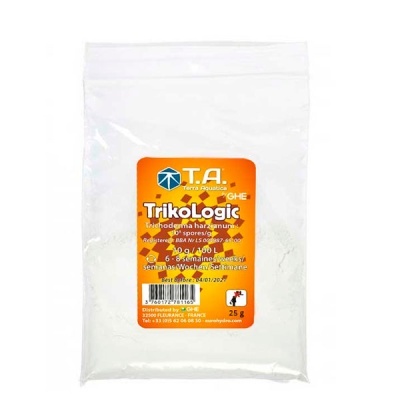 Pacote com pó branco e rótulo laranja TrikoLogic