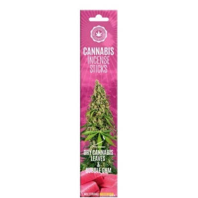 Embalagem rosa de sticks de incenso cannabis com imagem de planta e pedaços de pastilha de goma