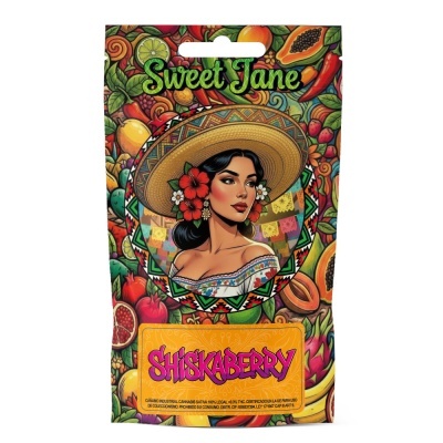 Embalagem colorida com ilustração feminina e texto Sweet Jane e SHISKABERRY