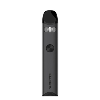 Dispositivo electrónico portátil preto com botão circular e texto CALIBURN