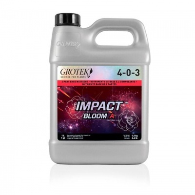 Garrafa cinzenta de adubo líquido Grotek Impact Bloom A com capa preta e rótulo vermelho e preto