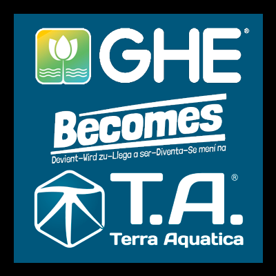 Logótipo GHE com texto e logótipo T.A. Terra Aquatica em fundo azul