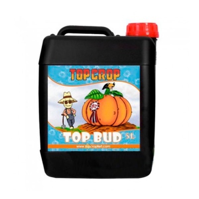 Recipiente preto com tampa vermelha e rótulo colorido de TOP CROP TOP BUD 5L com desenho de abóbora e personagem