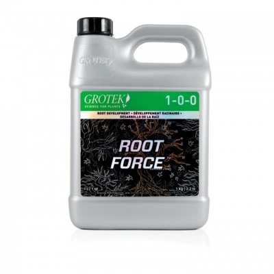 Frasco cinzento com rotulo verde e preto 'GROTEK ROOT FORCE' e padrão de raízes