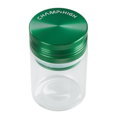 Frasco transparente com tampa verde metálica com gravação CHAMP;HIGH