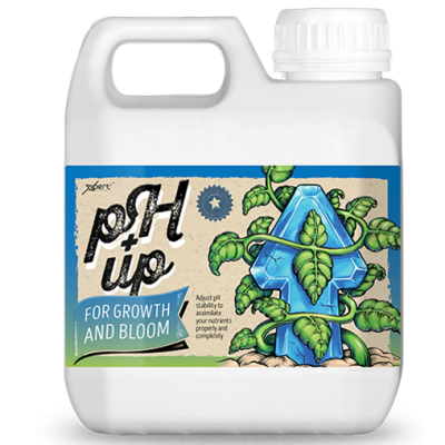 frasco branco com rótulo colorido pH up para crescimento e floração
