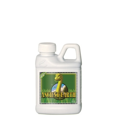 Frasco branco com rótulo ANCIENT EARTH e imagem de serpente amarela