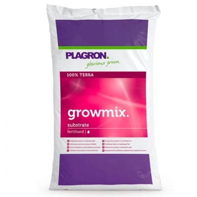 Saco branco de substrato fertilizado Plagron Growmix com detalhes roxos e vermelho