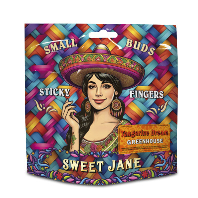Embalagem colorida com mulher e textos SMALL BUDS, STICKY FINGERS, SWEET JANE e Tangerine Dream GREENHOUSE