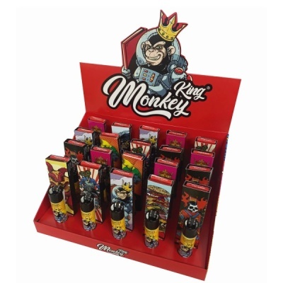 Expositor vermelho com isqueiros King Monkey decorados com ilustrações de macacos e vários desenhos.