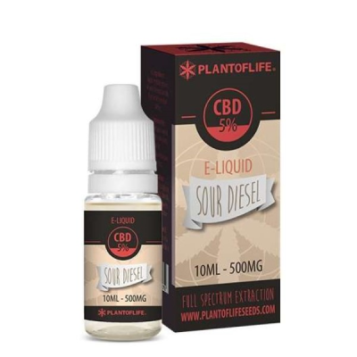 Frasco de e-líquido CBD 5% Sour Diesel e caixa correspondente da marca PLANTOFLIFE