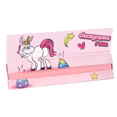 Papel de enrolar rosa com desenho de unicórnio e texto CHOOSYCAPERS PINK