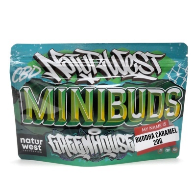 Embalagem verde e azul de mini buds CBD Buddha Caramel 20g