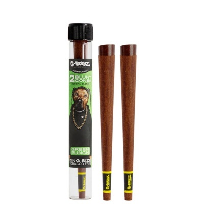 Dois cone blunt castanho ao lado de tubo plástico transparente com rótulo verde e preto e imagem de cão com corrente dourada.