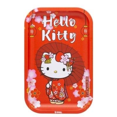 Tabuleiro vermelho Hello Kitty com quimono e guarda-chuva, decorado com flores e lanternas