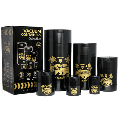 Conjunto de recipientes de vácuo pretos com estampas douradas e embalagem preta