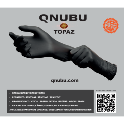 Embalagem de luvas de nitrilo pretas QNUBU TOPAZ com selo Premium Quality e informações
