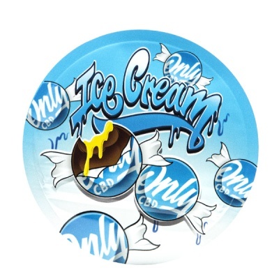 Rótulo redondo azul e branco com texto Ice Cream e Only CBD, mostrando balas embrulhadas e uma em chocolate com líquido amarelo.