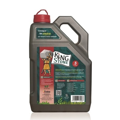 Frasco plástico cinzento KING STONE 5 litros com tampa vermelha e rótulo colorido em espanhol