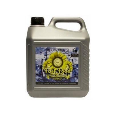 Garrafão de plástico cinzento com rótulo colorido de girassol e texto Fast Food MINERAL Anti-Wear