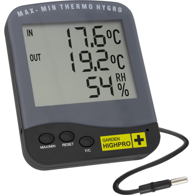Termómetro digital com sensores e visor grande a mostrar temperatura e humidade