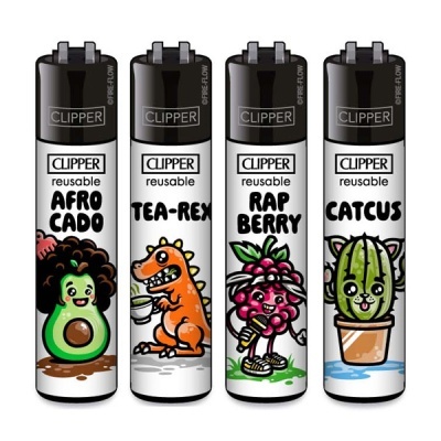 Quatro isqueiros Clipper reutilizáveis com design animado e texto em inglês