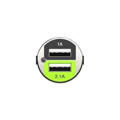 Porta USB dupla metálica com indicações de 1A e 2.1A