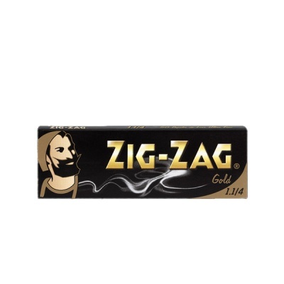 Embala de papel Zig-Zag Gold 1 1/4 preta com texto dourado e figura de homem com barba