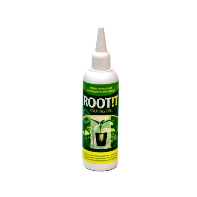 Frasco branco de gel de enraizamento ROOT!T com rótulo verde e amarelo