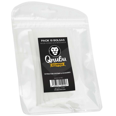 Pack de 10 bolsas de nylon cosido Qnubu Rosinpress em embalagem transparente com etiqueta preta.