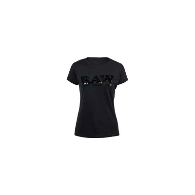 T-shirt feminina preta com texto em relevo preto na parte frontal
