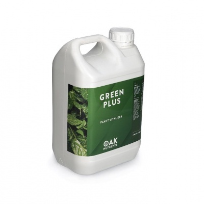 Recipiente de plástico branco com rótulo verde 'GREEN PLUS' e tampa de rosca