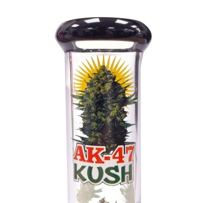 Frasco de vidro com impressão de planta e texto AK-47 KUSH