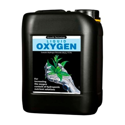 Galão preto com rótulo azul e preto de oxigénio líquido para cultivo hidropónico.