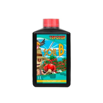 Frasco preto com tampa vermelha e rótulo colorido TOPCROP SOIL B 1L