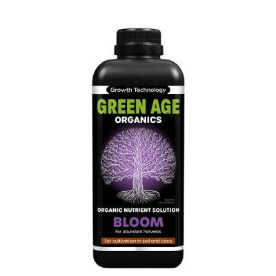 frasco preto de solução nutritiva orgânica GREEN AGE ORGANICS BLOOM com árvore branca e fundo roxo