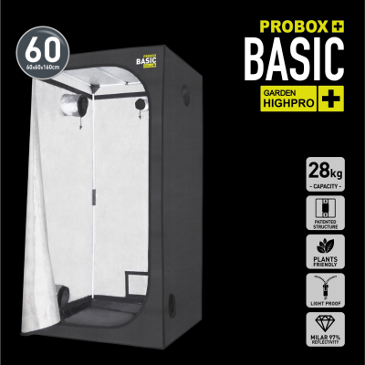 Tenda de cultivo preto com interior prateado e texto PROBOX BASIC GARDEN HIGH PRO