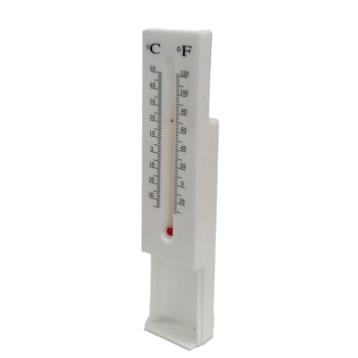 Termómetro branco com escala em °C e °F e líquido vermelho