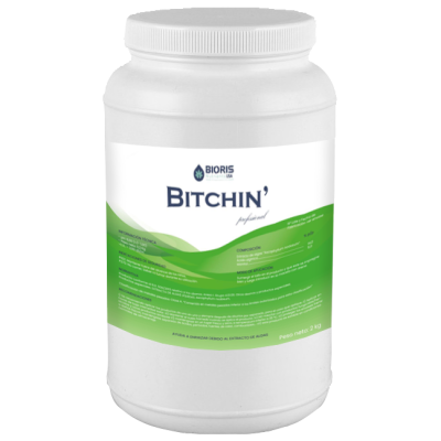 Recipiente branco com suplemento Bitchin da marca Bioris Nutrientes USA, rótulo verde e branco