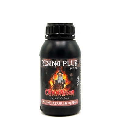 Frasco preto de plástico com etiqueta do produto RESINA PLUS CANNABOOM