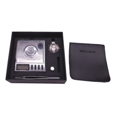 balança digital mini metálica com acessórios e estojo preto