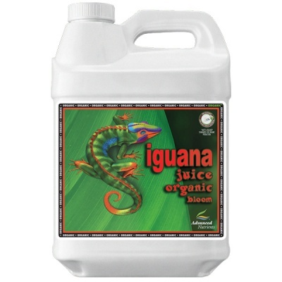 Garrafão branco com etiqueta verde e iguana colorida e texto iguana juice organic bloom