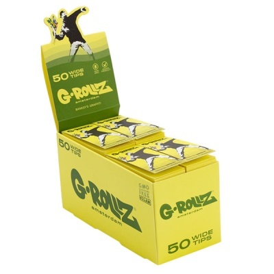 Expositor amarelo com pacotes de Wide Tips G-Rollz Amsterdam com ilustração de graffiti