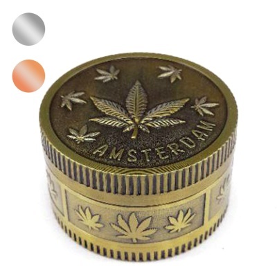 Triturador dourado de metal com folhas e texto AMSTERDAM